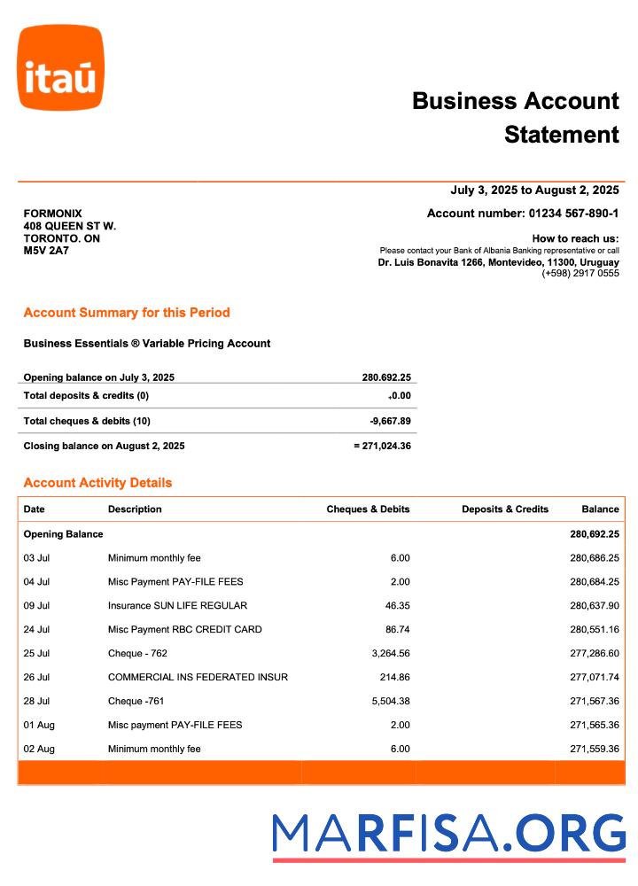 Downloadable Uruguay Itau enterprise statement Word and PDF template